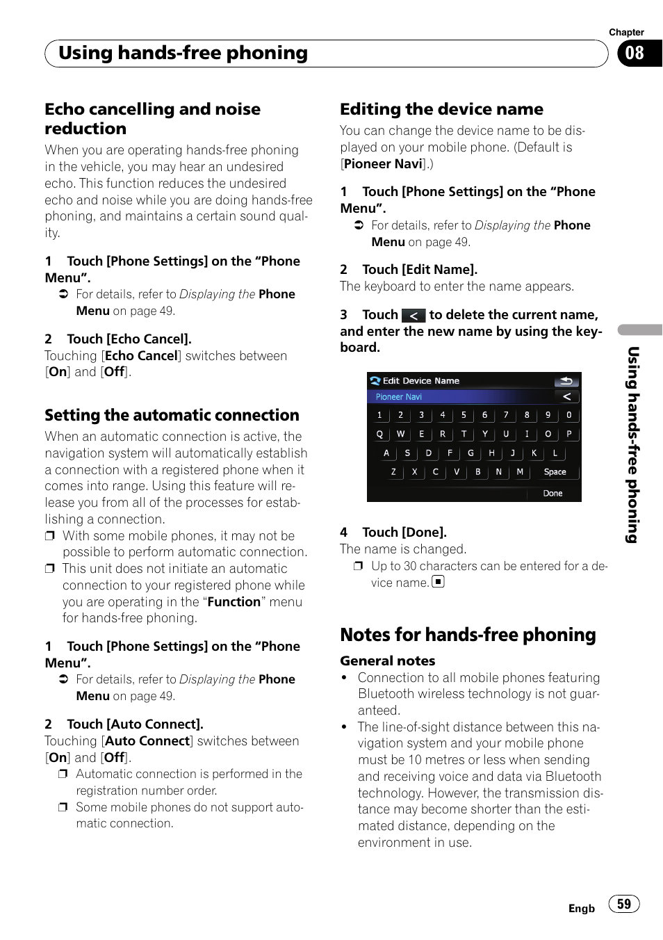 Echo cancelling and noise, Reduction, Setting the automatic connection 59 | Editing the device name 59, Notes for hands-free phoning, Notes for hands-free, Setting the automatic, Using hands-free phoning, Echo cancelling and noise reduction, Setting the automatic connection | Pioneer AVIC F500BT User Manual | Page 59 / 124