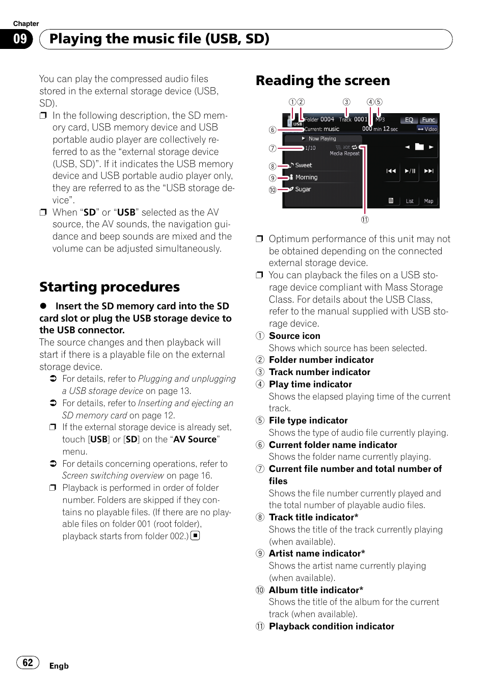 Reading the screen, Starting procedures, Playing the music file (usb, sd) | Pioneer AVIC F500BT User Manual | Page 62 / 124