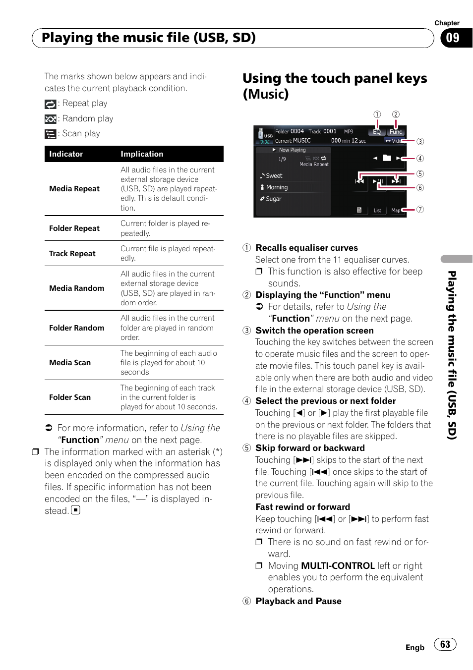 Using the touch panel keys (music), Playing the music file (usb, sd) | Pioneer AVIC F500BT User Manual | Page 63 / 124