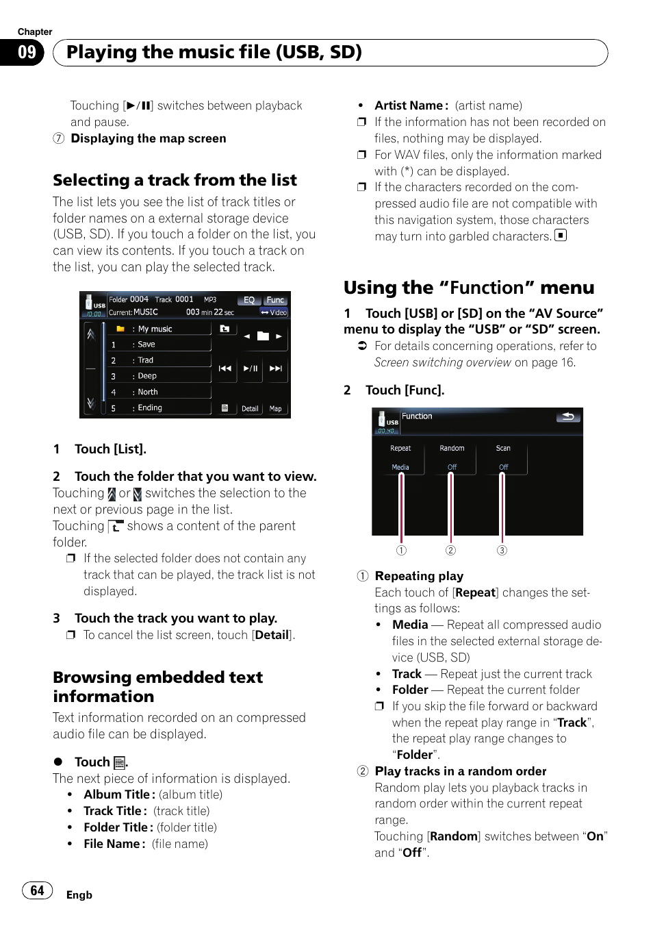 Selecting a track from the list 64, Browsing embedded text, Information | Using the, Function” menu 64, Using the “function” menu, Playing the music file (usb, sd), Selecting a track from the list, Browsing embedded text information | Pioneer AVIC F500BT User Manual | Page 64 / 124