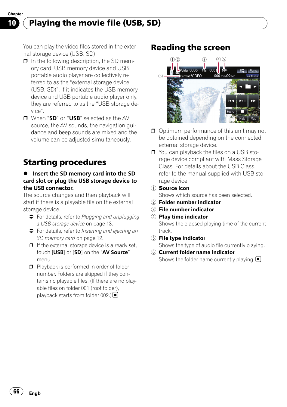 Reading the screen, Starting procedures, Playing the movie file (usb, sd) | Pioneer AVIC F500BT User Manual | Page 66 / 124