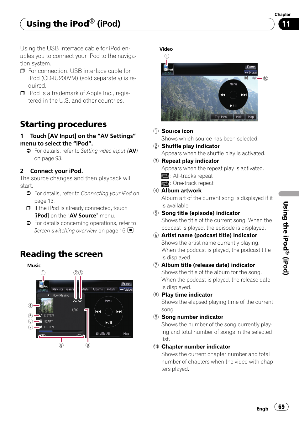 Using the ipod® (ipod) starting procedures, Reading the screen, Starting procedures | Using the ipod, Ipod) | Pioneer AVIC F500BT User Manual | Page 69 / 124