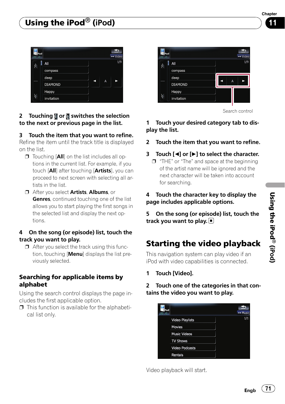 Starting the video playback, Using the ipod, Ipod) | Pioneer AVIC F500BT User Manual | Page 71 / 124