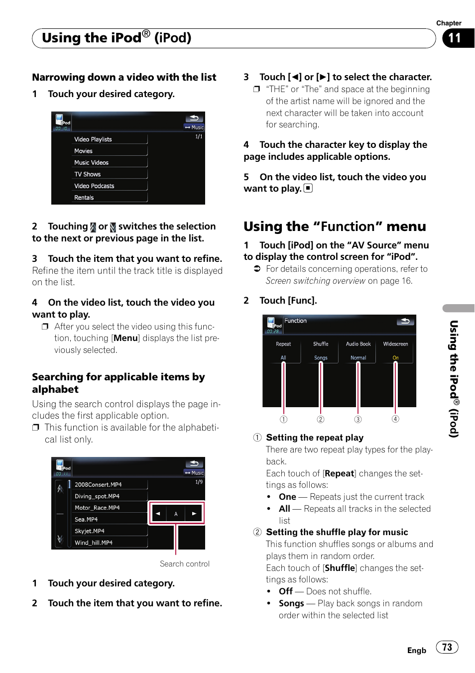 Using the, Function” menu 73, Using the “function” menu | Using the ipod, Ipod) | Pioneer AVIC F500BT User Manual | Page 73 / 124