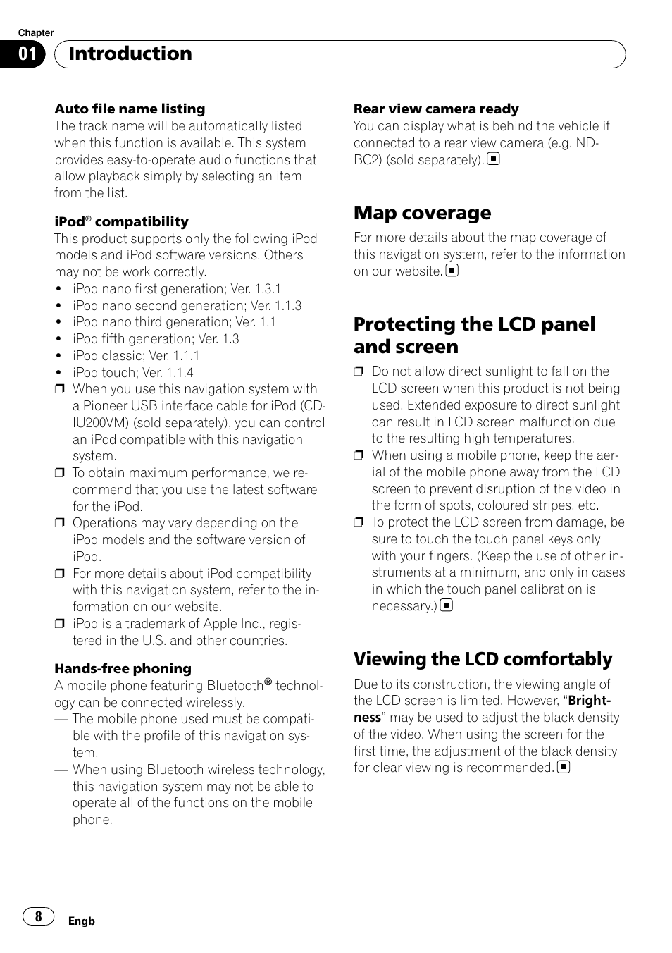 Map coverage, Protecting the lcd panel and screen, Viewing the lcd comfortably | Introduction | Pioneer AVIC F500BT User Manual | Page 8 / 124