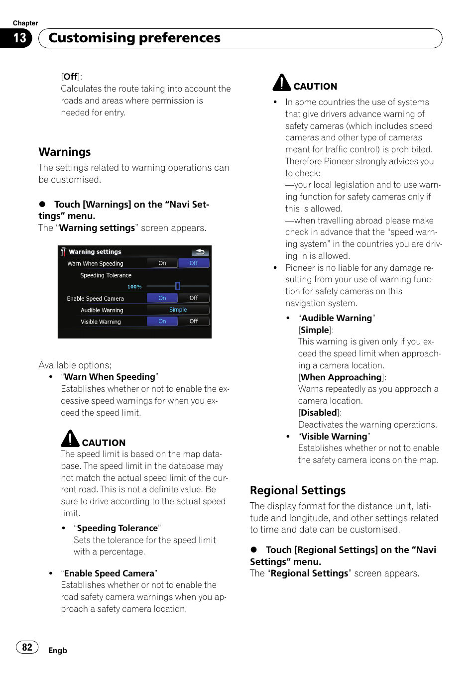 Warnings 82, Regional settings 82, Customising preferences | Warnings, Regional settings | Pioneer AVIC F500BT User Manual | Page 82 / 124