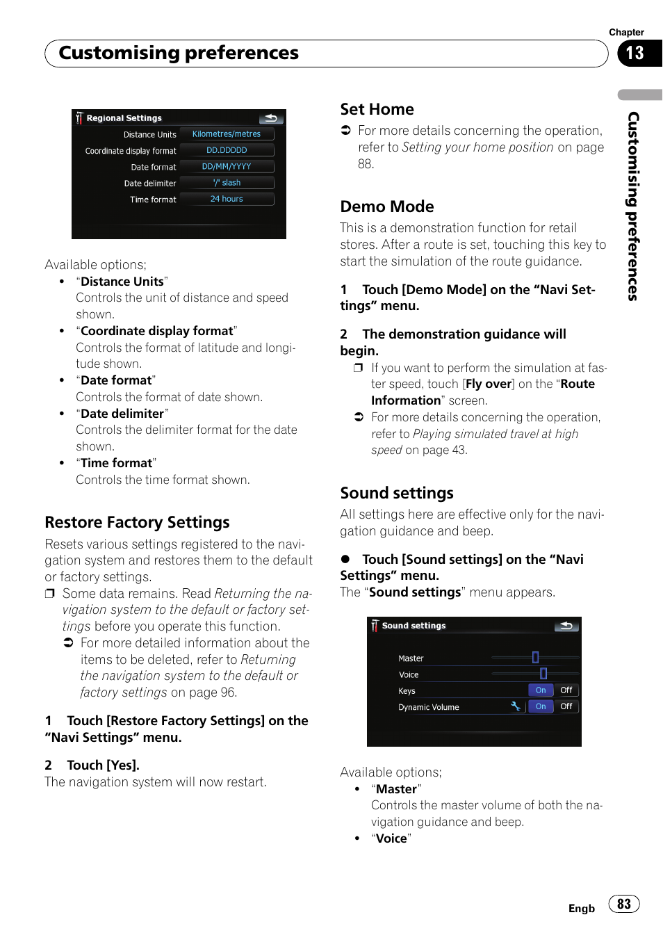 Restore factory settings 83, Set home 83, Demo mode 83 | Sound settings 83, Demo mode on, Customising preferences, Restore factory settings, Set home, Demo mode, Sound settings | Pioneer AVIC F500BT User Manual | Page 83 / 124