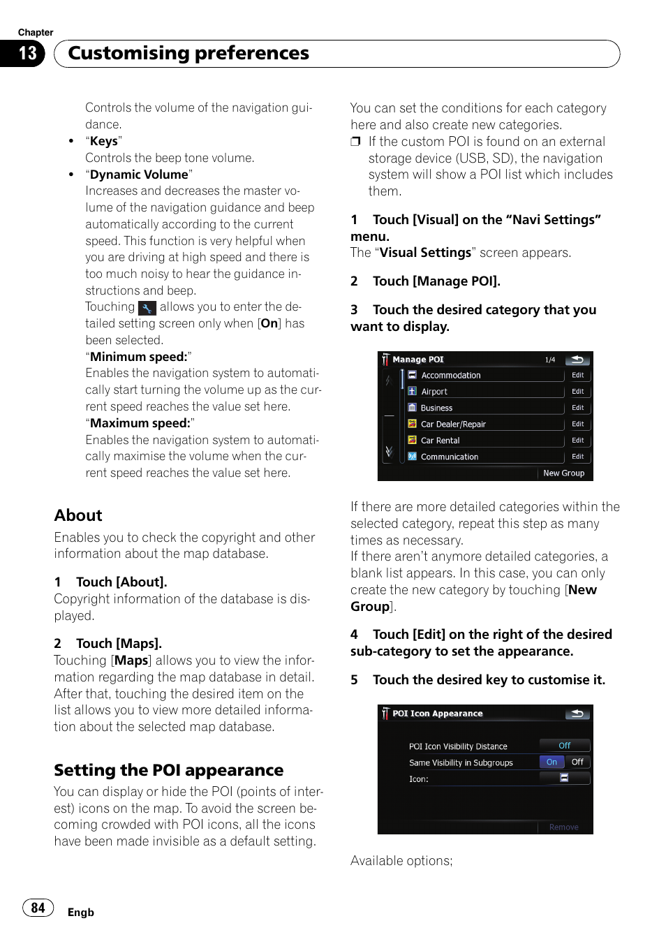About 84, Setting the poi appearance 84, Customising preferences | About, Setting the poi appearance | Pioneer AVIC F500BT User Manual | Page 84 / 124
