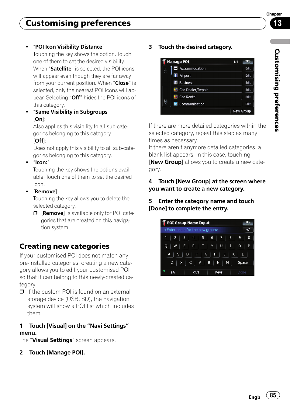 Creating new categories 85, Customising preferences, Creating new categories | Pioneer AVIC F500BT User Manual | Page 85 / 124