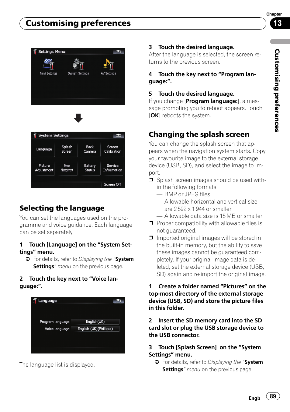 Selecting the language 89, Changing the splash screen 89, Selecting the lan | Customising preferences, Selecting the language, Changing the splash screen | Pioneer AVIC F500BT User Manual | Page 89 / 124