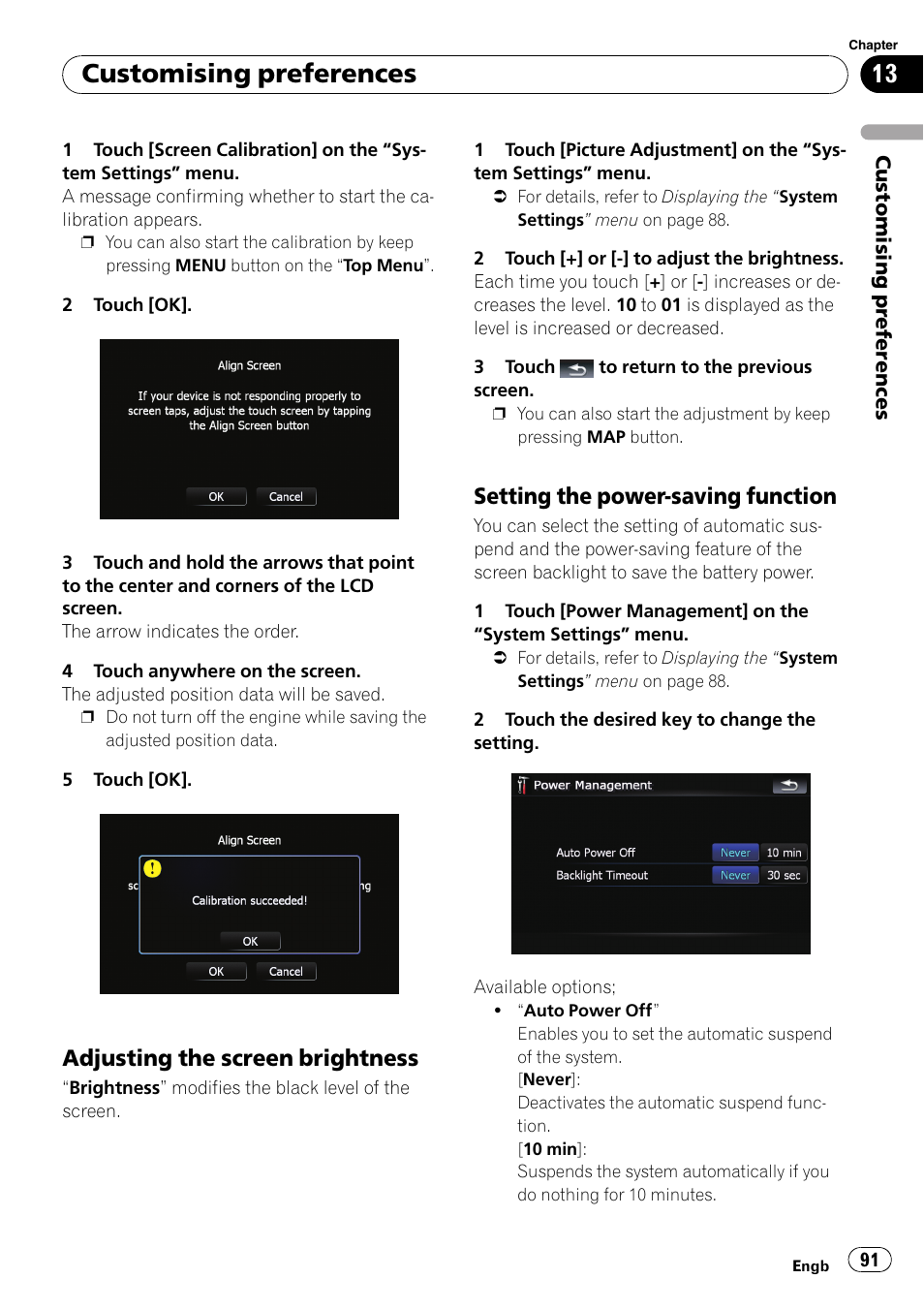 Adjusting the screen brightness 91, Setting the power-saving function 91, Customising preferences | Adjusting the screen brightness, Setting the power-saving function | Pioneer AVIC F500BT User Manual | Page 91 / 124