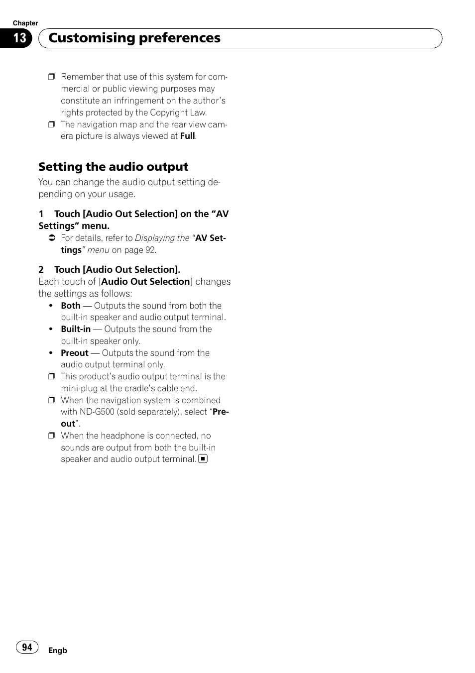 Setting the audio output 94, Setting the audio output, Customising preferences | Pioneer AVIC F500BT User Manual | Page 94 / 124
