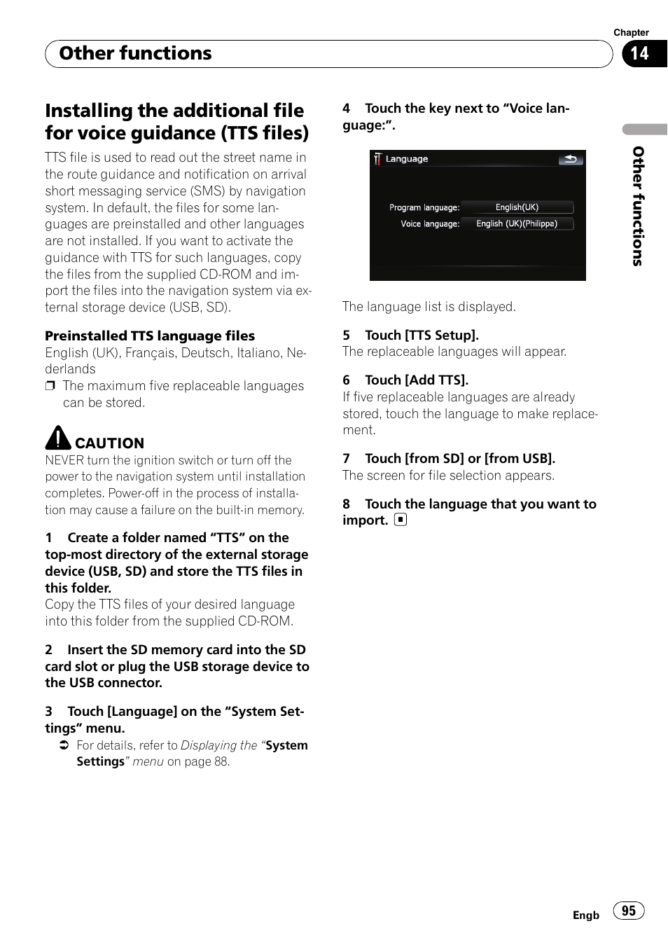 Guidance (tts files), Other functions | Pioneer AVIC F500BT User Manual | Page 95 / 124