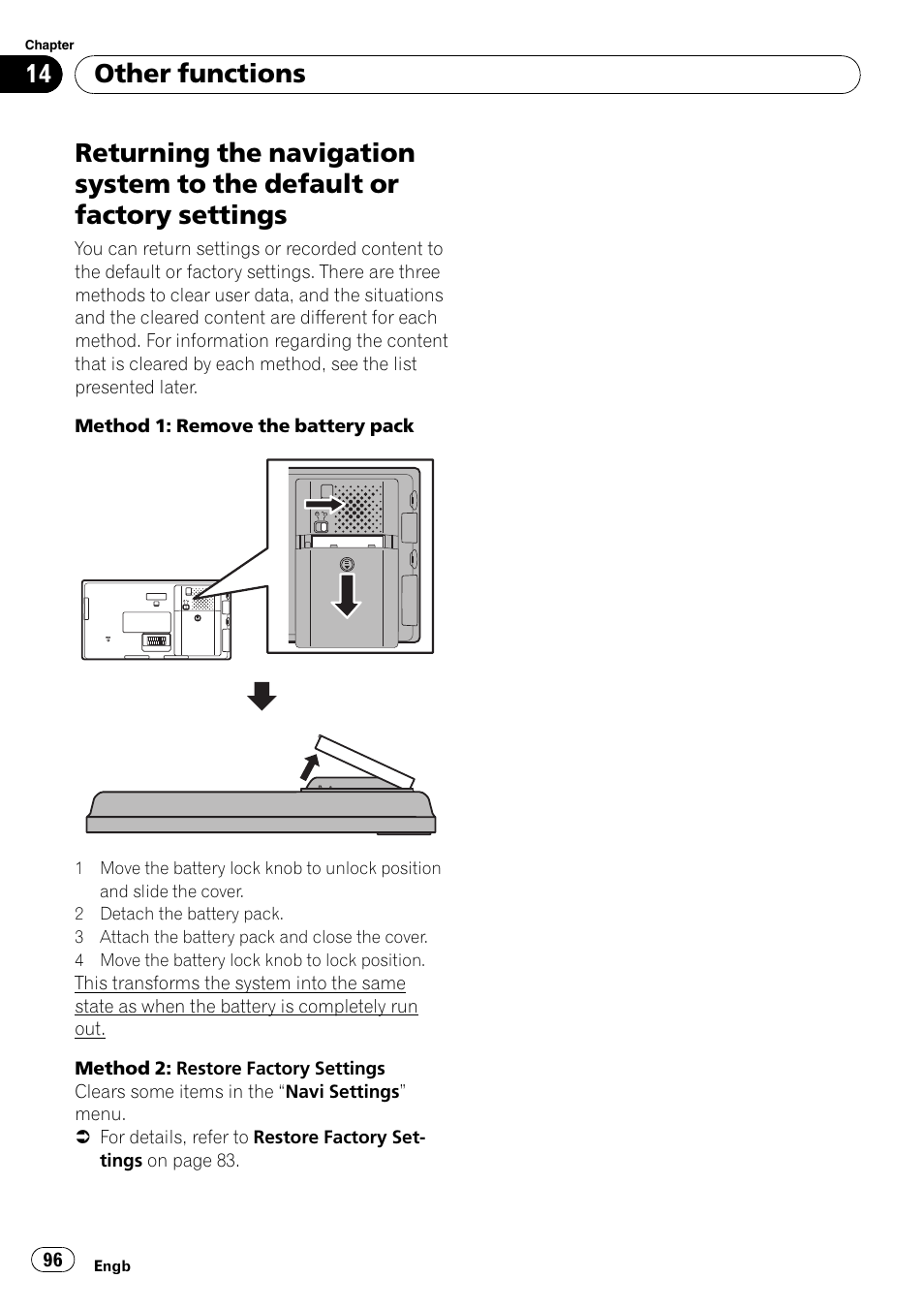 Returning the navigation system to the, Default or factory settings, Returning the na | Other functions | Pioneer AVIC F500BT User Manual | Page 96 / 124