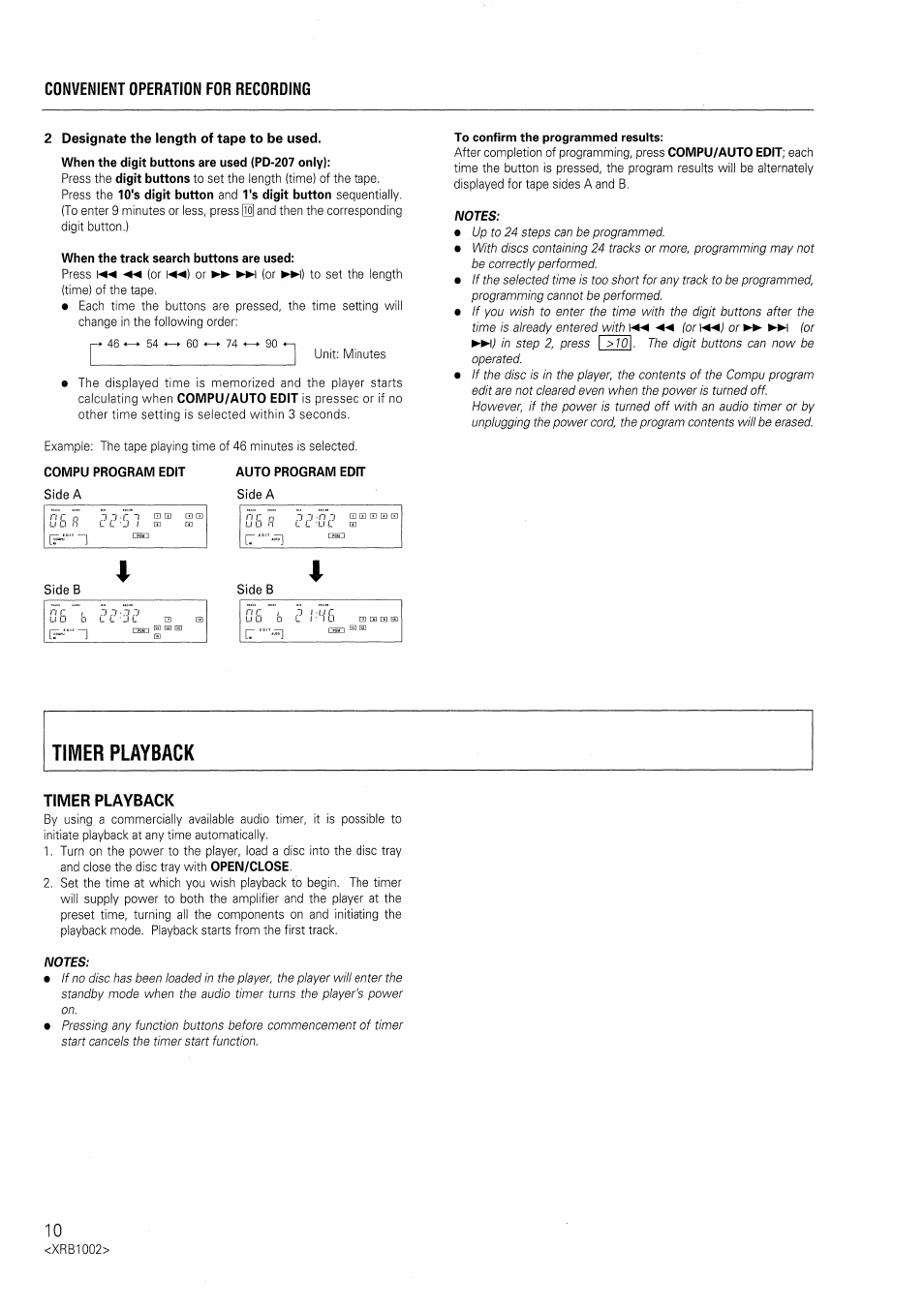 Convenient operation for recording, Timer playback | Pioneer PD-207 User Manual | Page 10 / 12