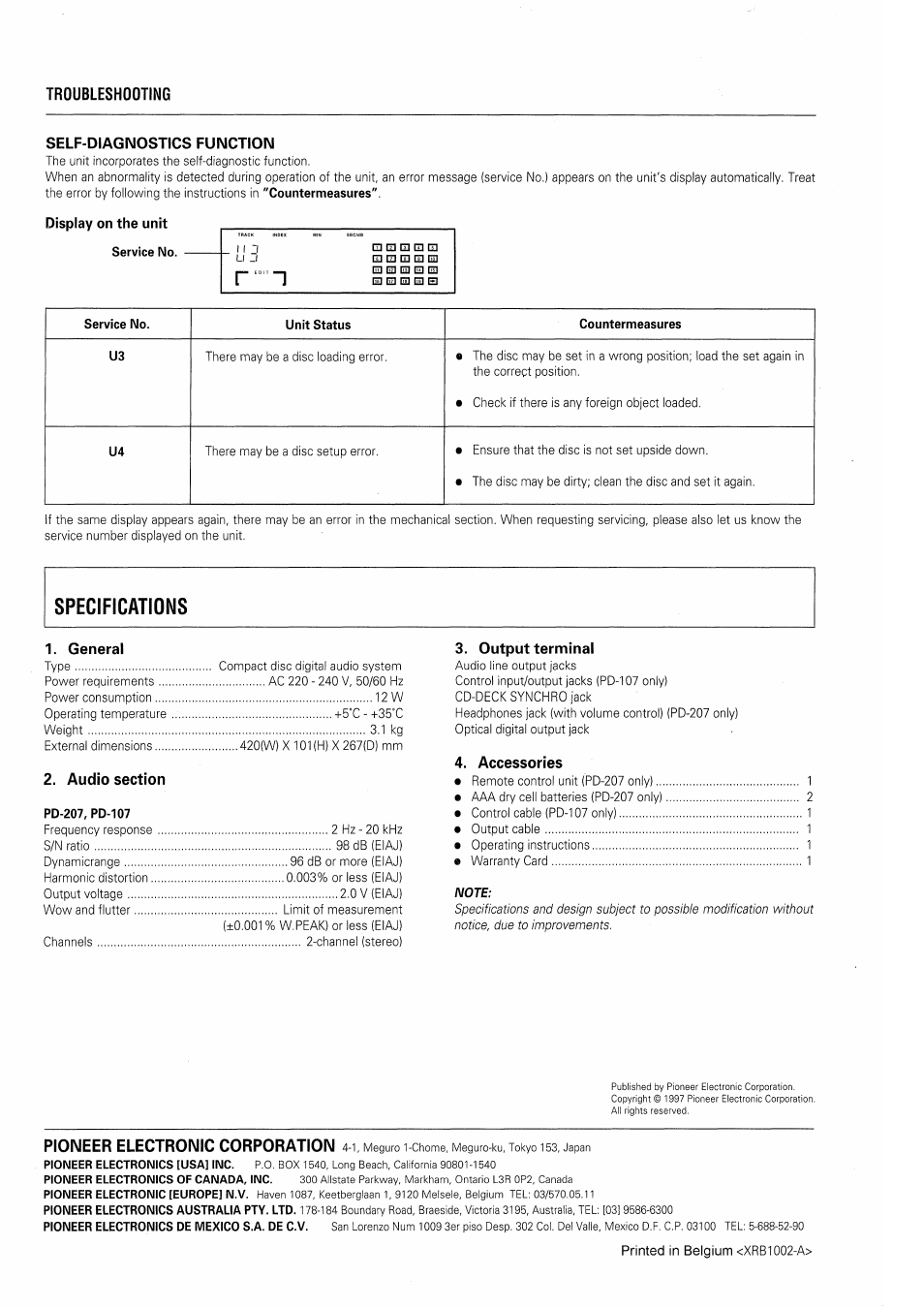 Display on the unit service no, General, Troubleshooting | Self-diagnostics function, Output terminal, Accessories, Pioneer electronic corporation | Pioneer PD-207 User Manual | Page 12 / 12