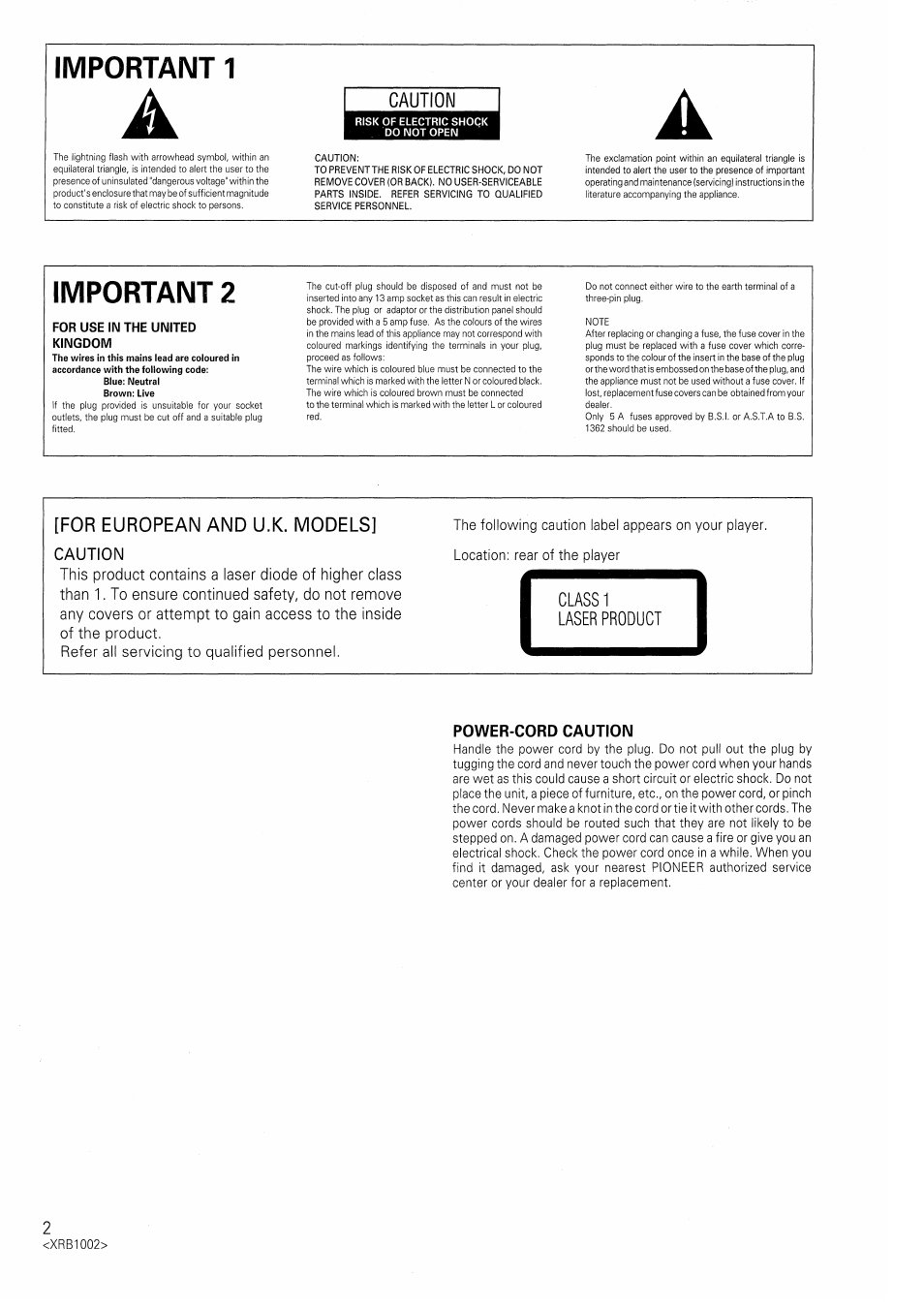 Power-cord caution, Important 1, Important 2 | Caution, Ifor european and u.k. models | Pioneer PD-207 User Manual | Page 2 / 12