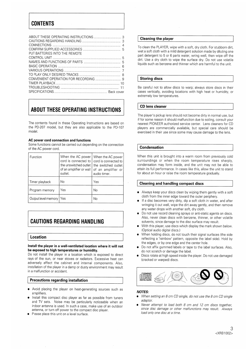 Location, Precautions regarding installation, Cleaning and handling compact discs | Pioneer PD-207 User Manual | Page 3 / 12