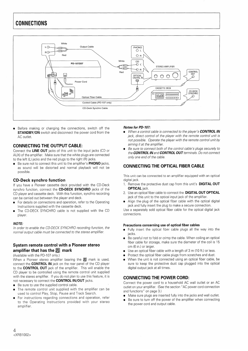 Connecting the output cable, Cd-deck synchro function, Connecting the optical fiber cable | Connecting the power cord | Pioneer PD-207 User Manual | Page 4 / 12
