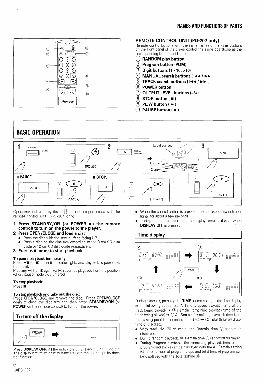 Random play button (d program button (pgm), 3) digit buttons (1 -10, >10), Manual search buttons ( ◄◄ / ►► ) | Track search buttons (/ ►►i), Power button ® output level buttons (-/+), Stop button ( ■ ), Play button ( ► ), Pause button (ii), 2 press open/close and load a disc, 3 press ►/!! (or ►) to start playback | Pioneer PD-207 User Manual | Page 6 / 12