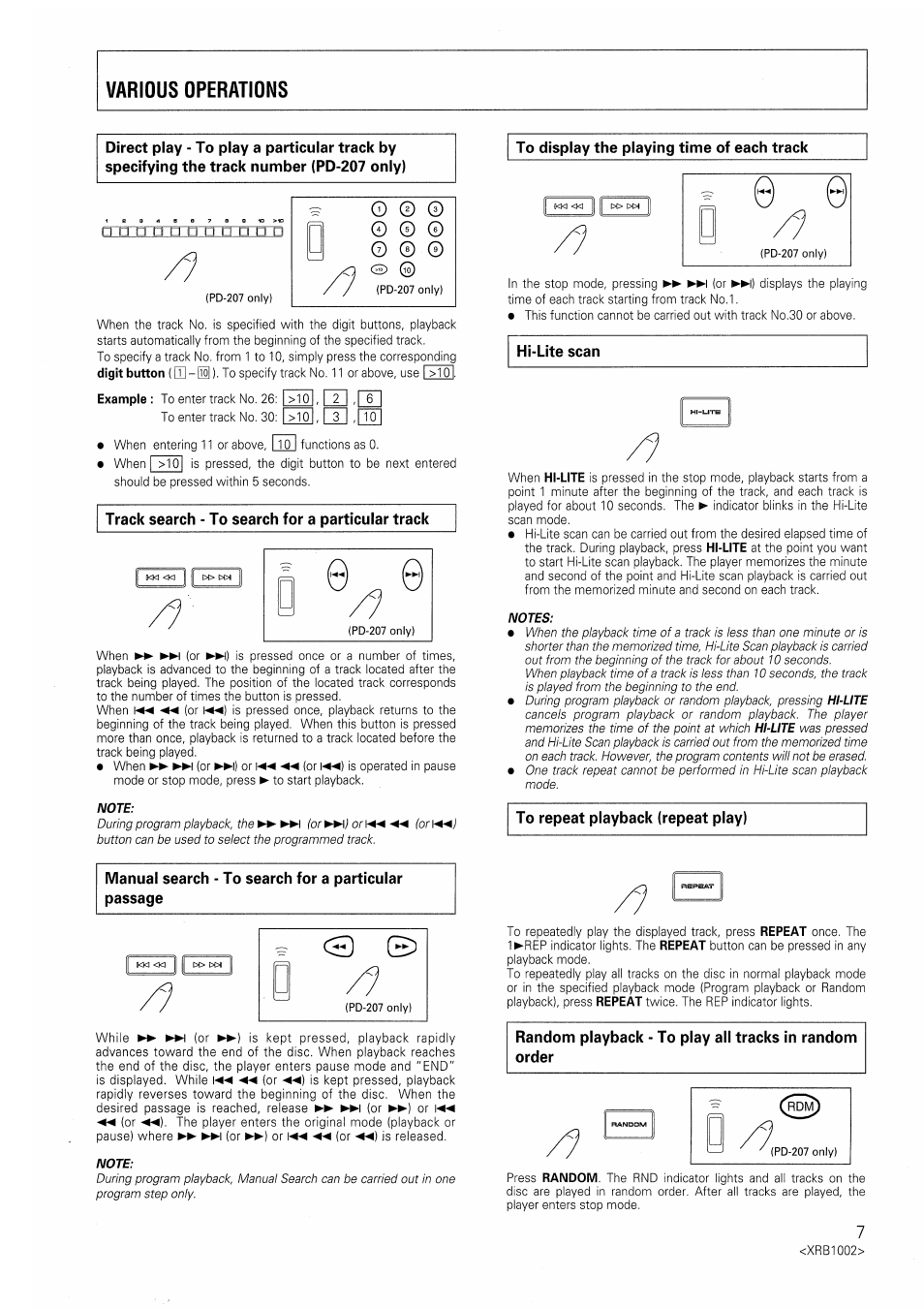 Track search < to search for a particular track, To display the playing time of each track, Hi-lite scan | D /1 | Pioneer PD-207 User Manual | Page 7 / 12