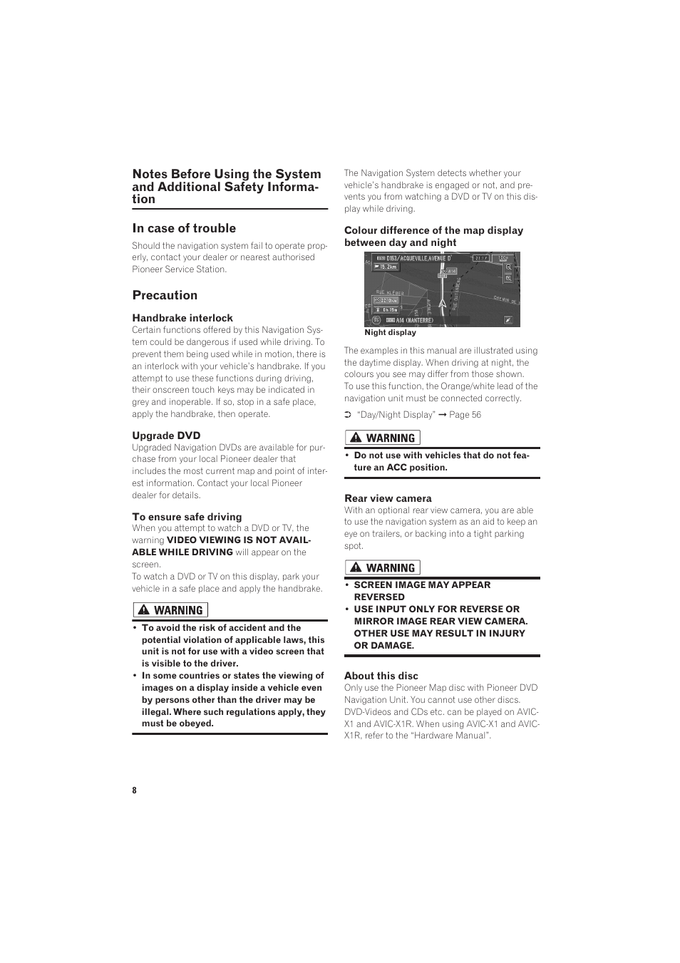 Notes before using the system and additional, Safety information, In case of trouble | Precaution 8, Precaution | Pioneer CNDV-50MT User Manual | Page 10 / 137