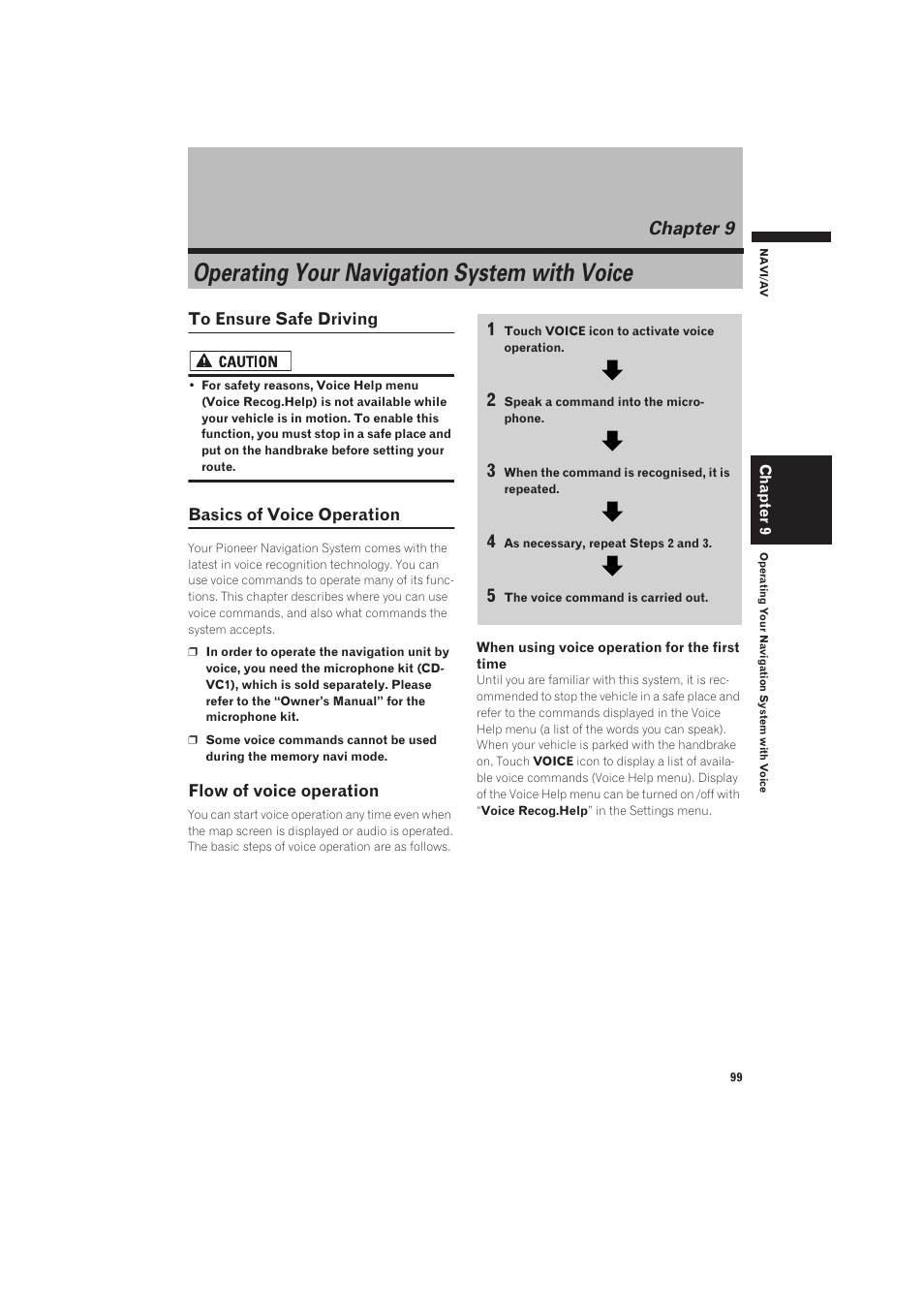 Chapter 9, Operating your navigation system with voice, To ensure safe driving | Basics of voice operation 99, Flow of voice operation 99 | Pioneer CNDV-50MT User Manual | Page 101 / 137