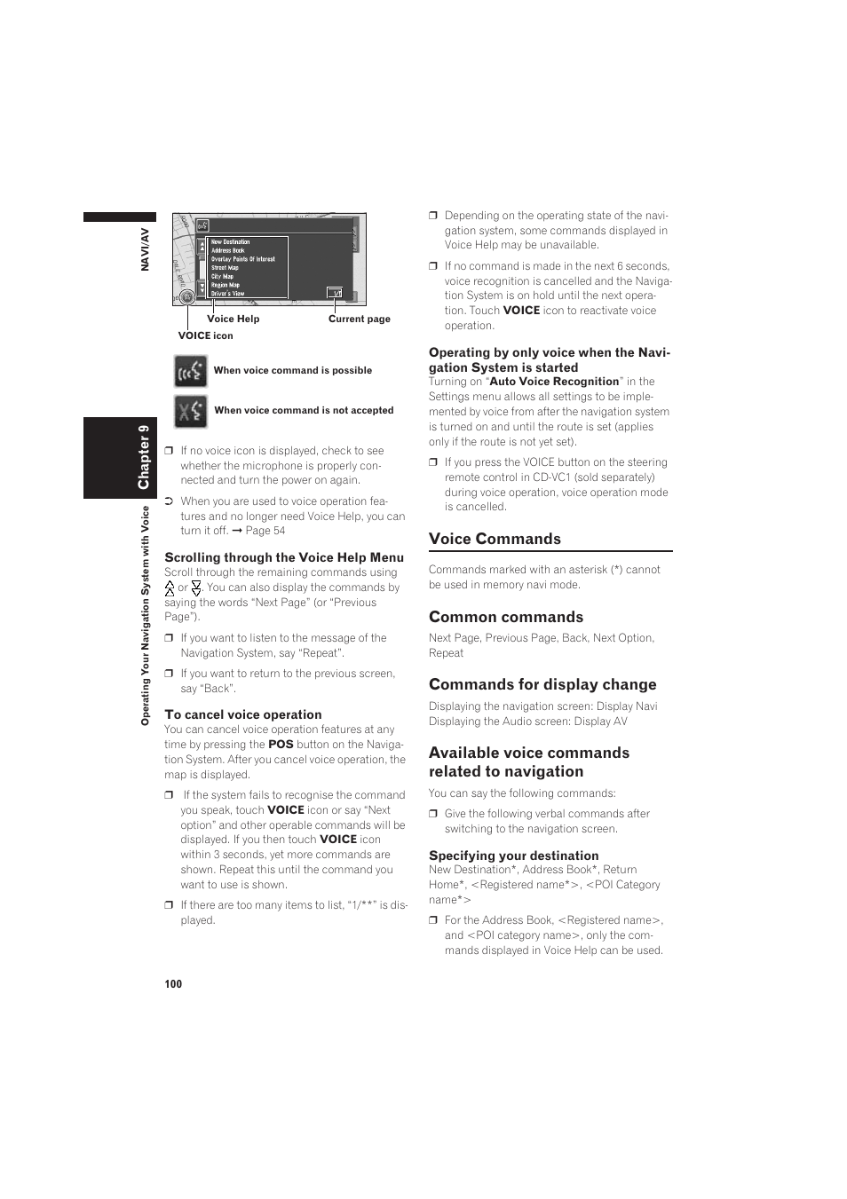 Voice commands, Common commands 100 commands for display change, Available voice commands related to | Navigation 100, Common commands, Commands for display change, Available voice commands related to navigation, Chapter 9 | Pioneer CNDV-50MT User Manual | Page 102 / 137