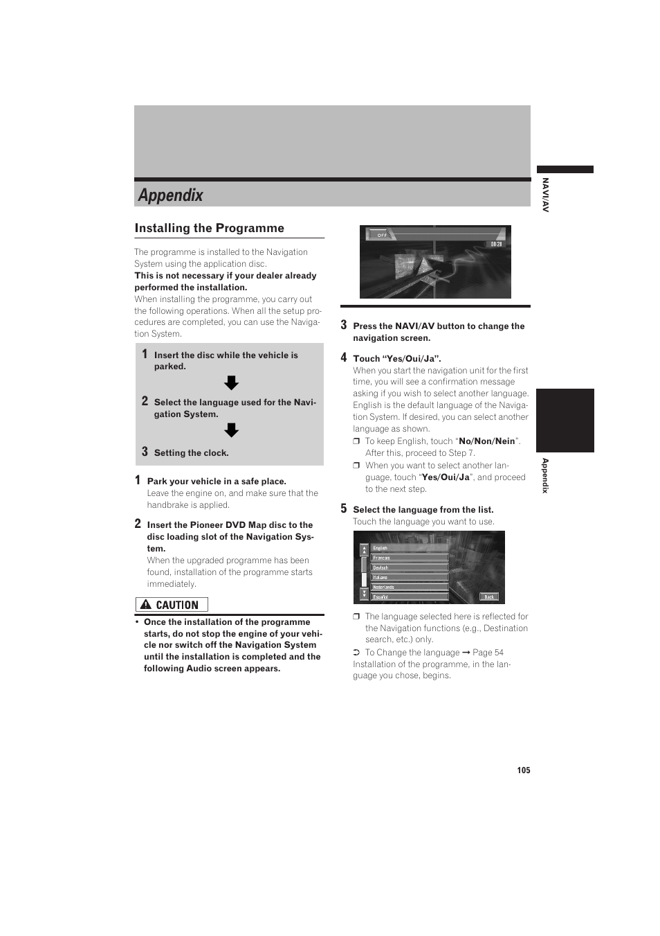 Appendix, Installing the programme 105, 105 and install the programme | Pioneer CNDV-50MT User Manual | Page 107 / 137