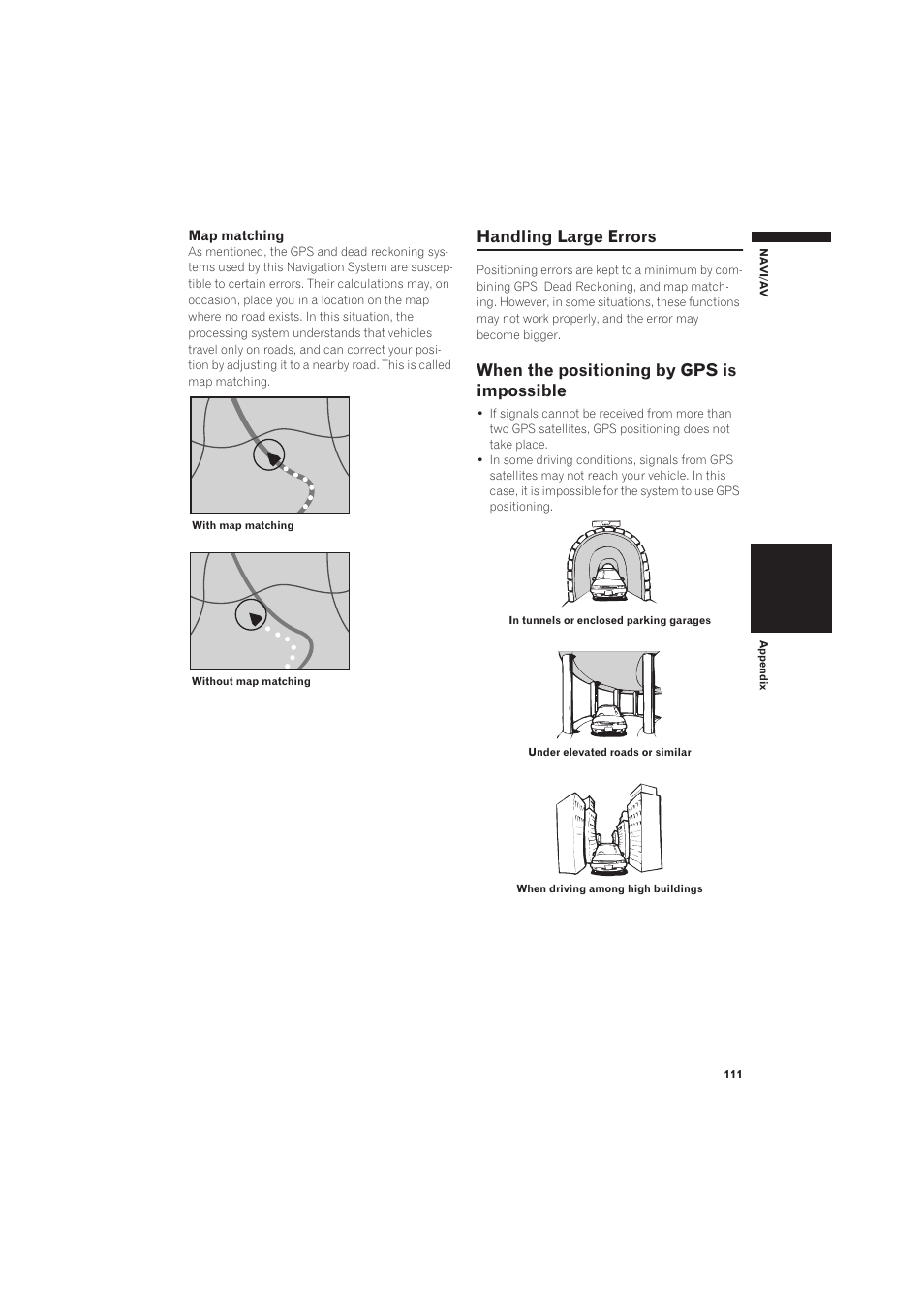 Handling large errors, When the positioning by gps is impossible | Pioneer CNDV-50MT User Manual | Page 113 / 137