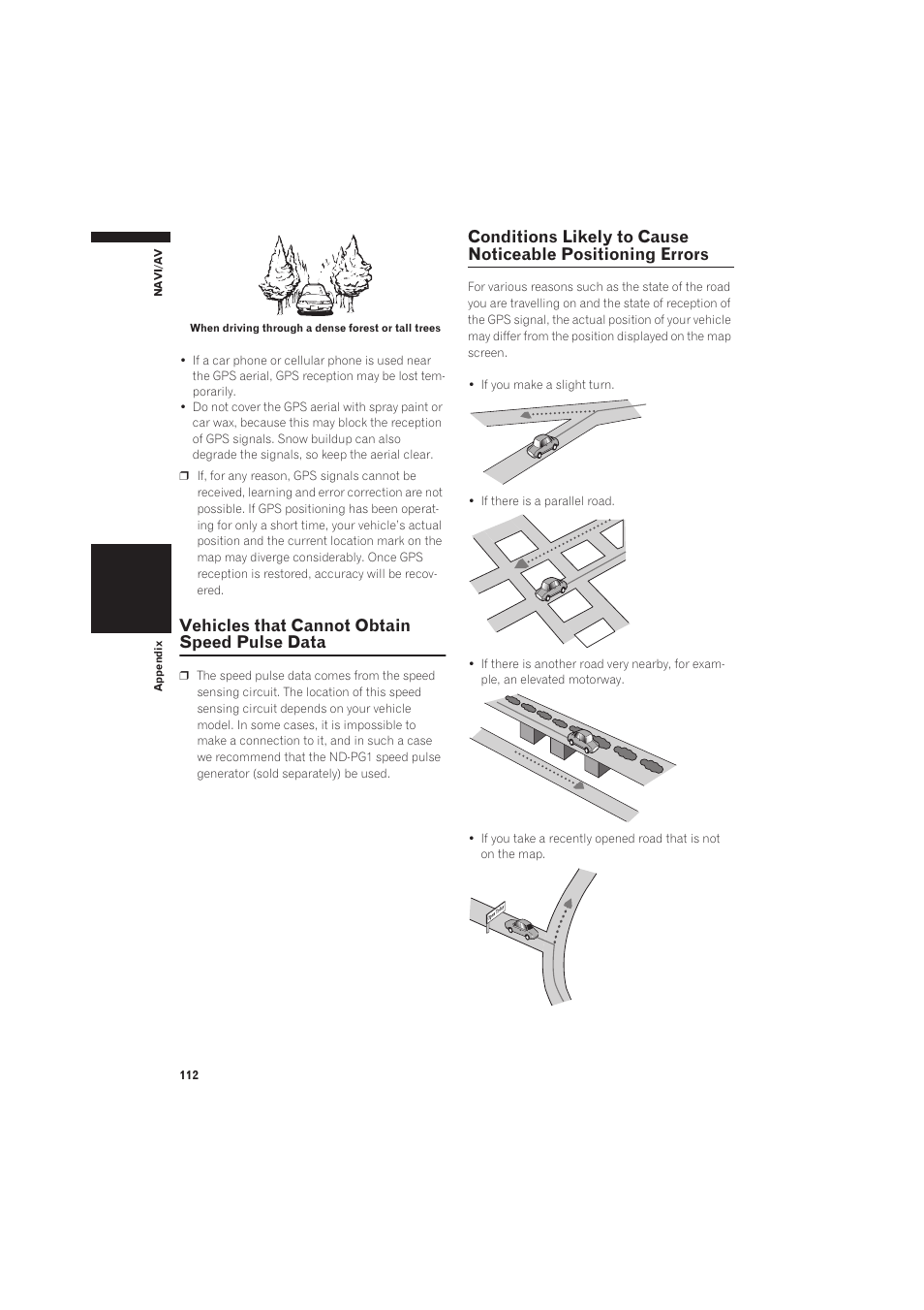Vehicles that cannot obtain speed pulse, Data 112, Conditions likely to cause noticeable positioning | Errors 112, Vehicles that cannot obtain speed pulse data | Pioneer CNDV-50MT User Manual | Page 114 / 137