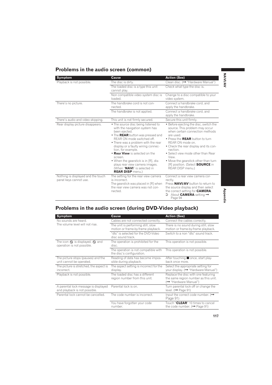 Problems in the audio screen (common), Problems in the audio screen (during dvd-vi, Deo playback) 117 | Pioneer CNDV-50MT User Manual | Page 119 / 137