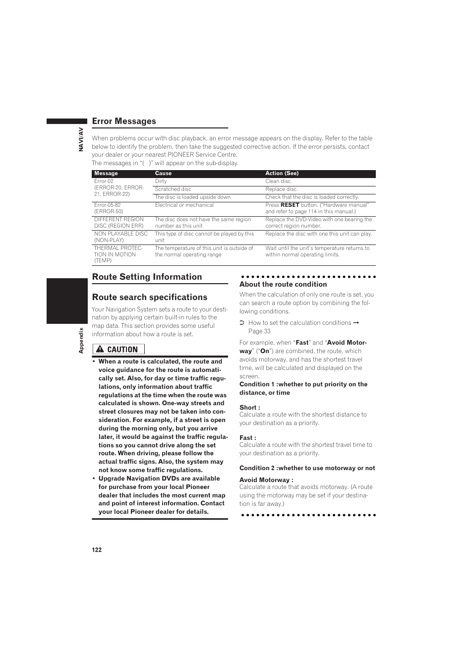 Error messages, Route setting information 122, Route search specifications | Pioneer CNDV-50MT User Manual | Page 124 / 137