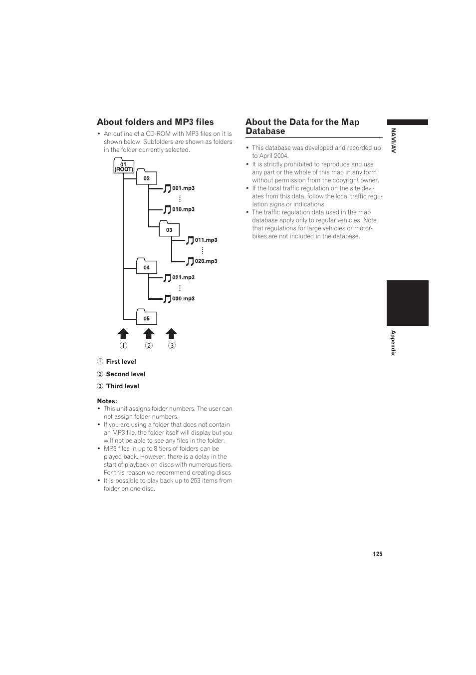 About folders and mp3 files 125, About the data for the map database 125, About folders and mp3 files | About the data for the map database | Pioneer CNDV-50MT User Manual | Page 127 / 137