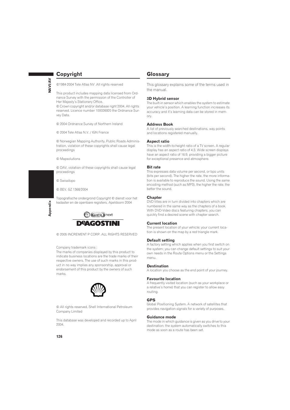Copyright 126 glossary, Copyright, Glossary | Pioneer CNDV-50MT User Manual | Page 128 / 137