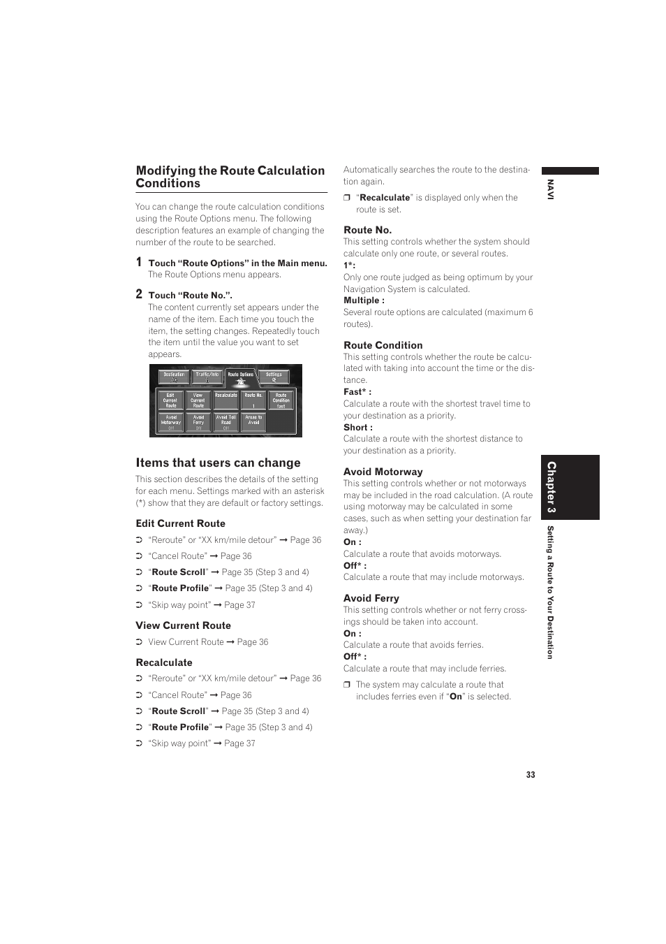 Modifying the route calculation conditions, Items that users can change 33, Items that users can change | Pioneer CNDV-50MT User Manual | Page 35 / 137