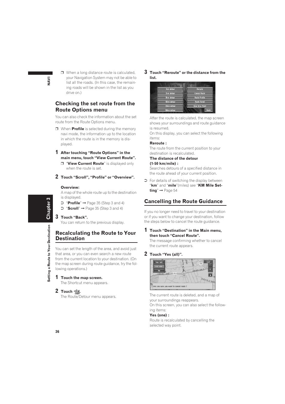 Checking the set route from the route options, Recalculating the route to your destination, Cancelling the route guidance 36 | Pioneer CNDV-50MT User Manual | Page 38 / 137
