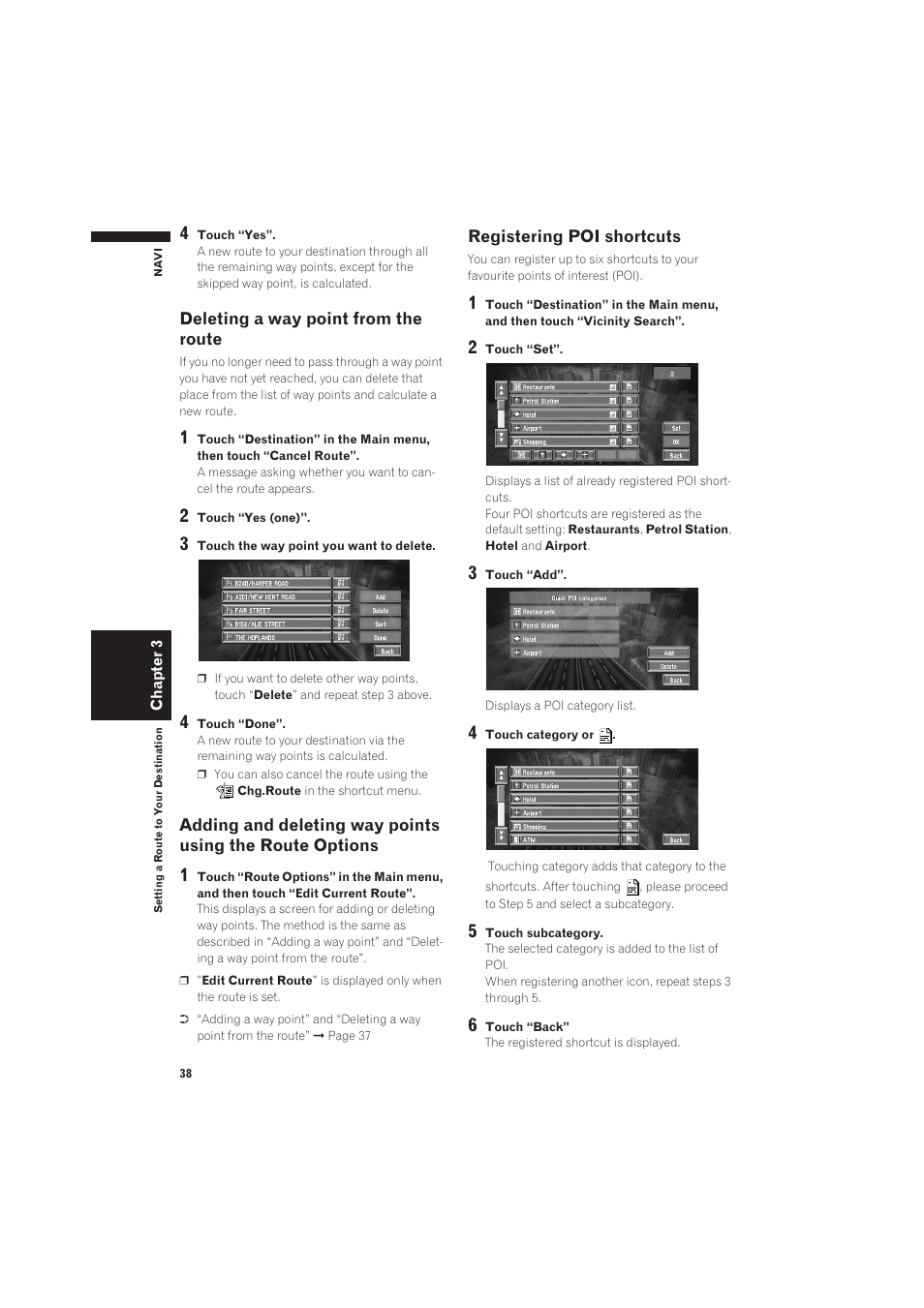 Deleting a way point from the route, Adding and deleting way points using the route, Options 38 | Registering poi shortcuts 38 | Pioneer CNDV-50MT User Manual | Page 40 / 137