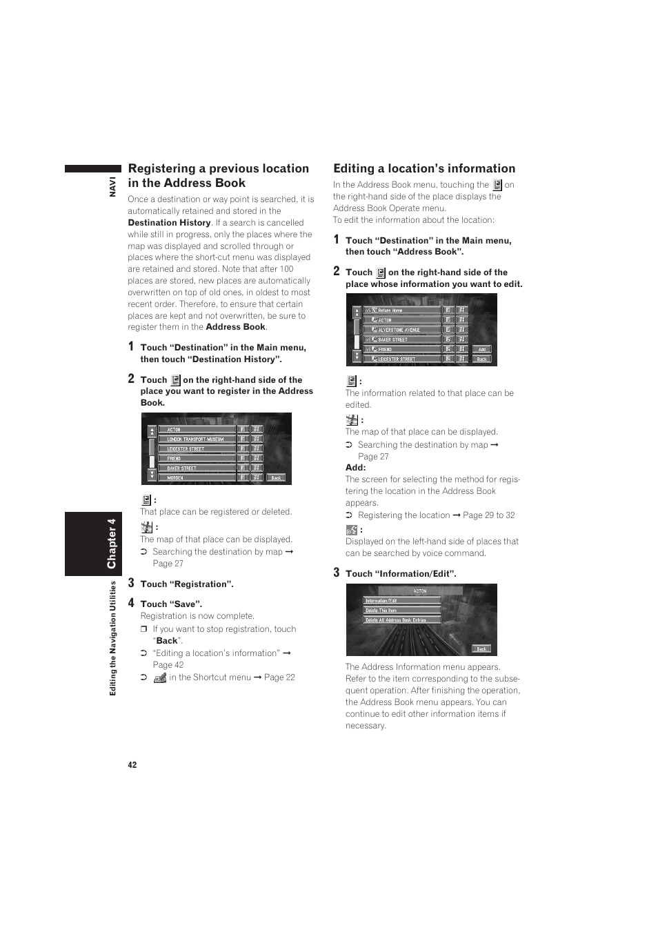 Registering a previous location in the address, Book 42, Editing a location’s information 42 | Editing a location’s information | Pioneer CNDV-50MT User Manual | Page 44 / 137