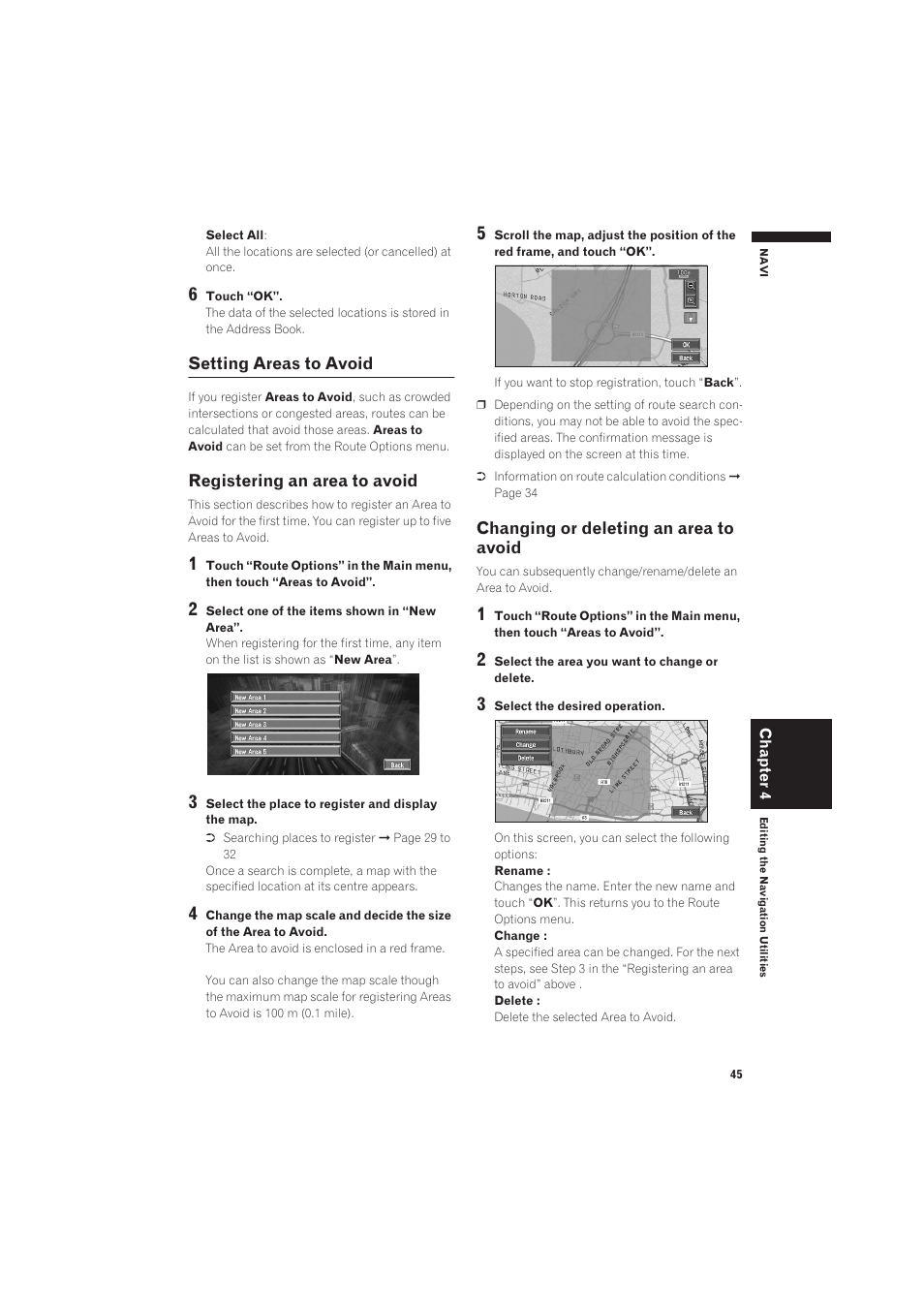 Setting areas to avoid, Registering an area to avoid, Changing or deleting an area to avoid | Pioneer CNDV-50MT User Manual | Page 47 / 137