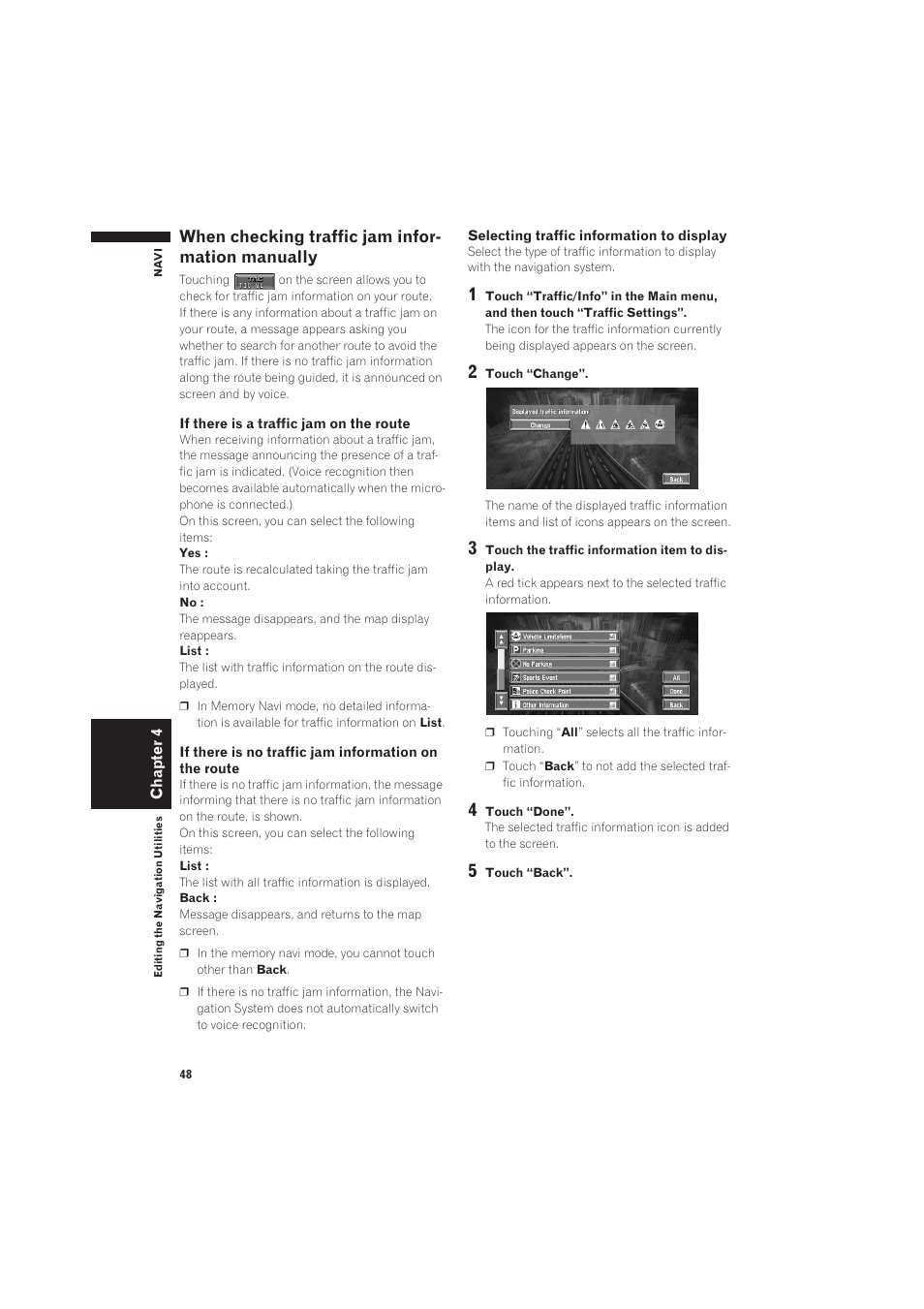 When checking traffic jam information, Manually 48, Selecting traffic information to display | When checking traffic jam infor- mation manually | Pioneer CNDV-50MT User Manual | Page 50 / 137