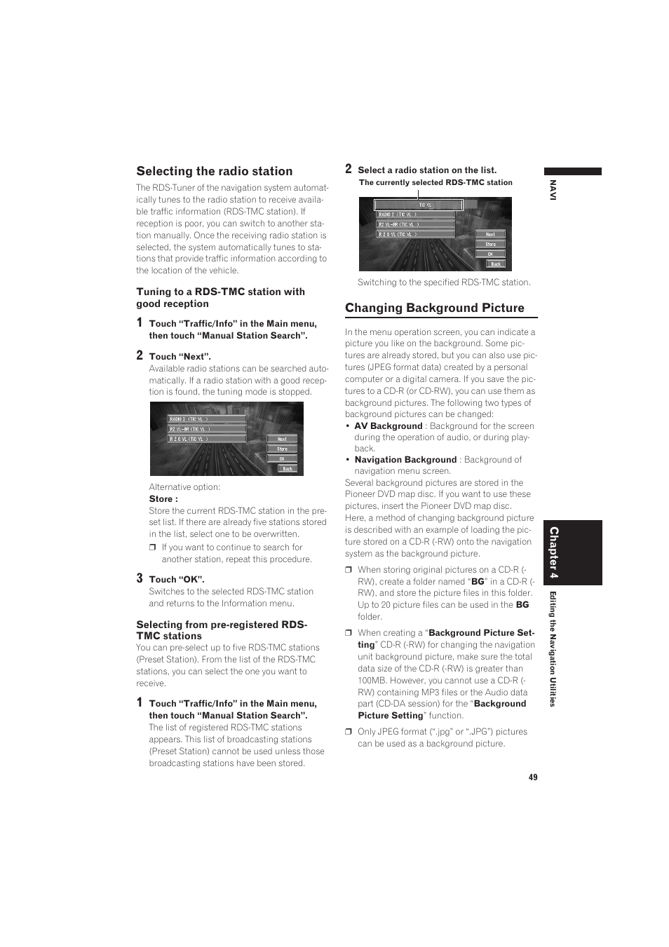 Selecting the radio station 49, Changing background picture 49, Selecting the radio station | Changing background picture | Pioneer CNDV-50MT User Manual | Page 51 / 137