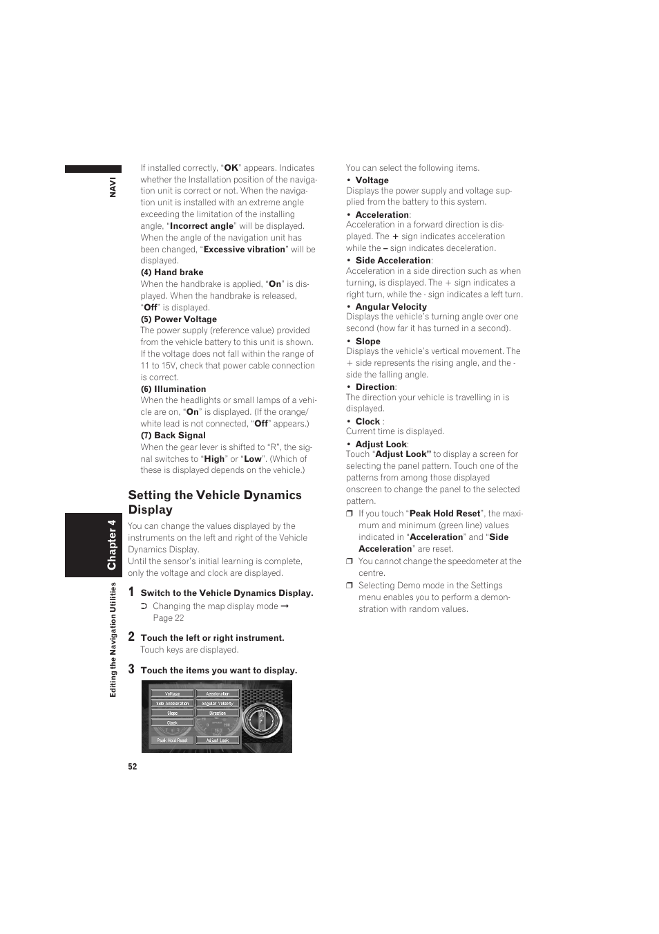 Setting the vehicle dynamics display | Pioneer CNDV-50MT User Manual | Page 54 / 137