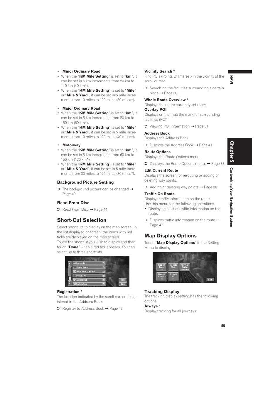 Short-cut selection, Map display options, Chapter 5 | Pioneer CNDV-50MT User Manual | Page 57 / 137