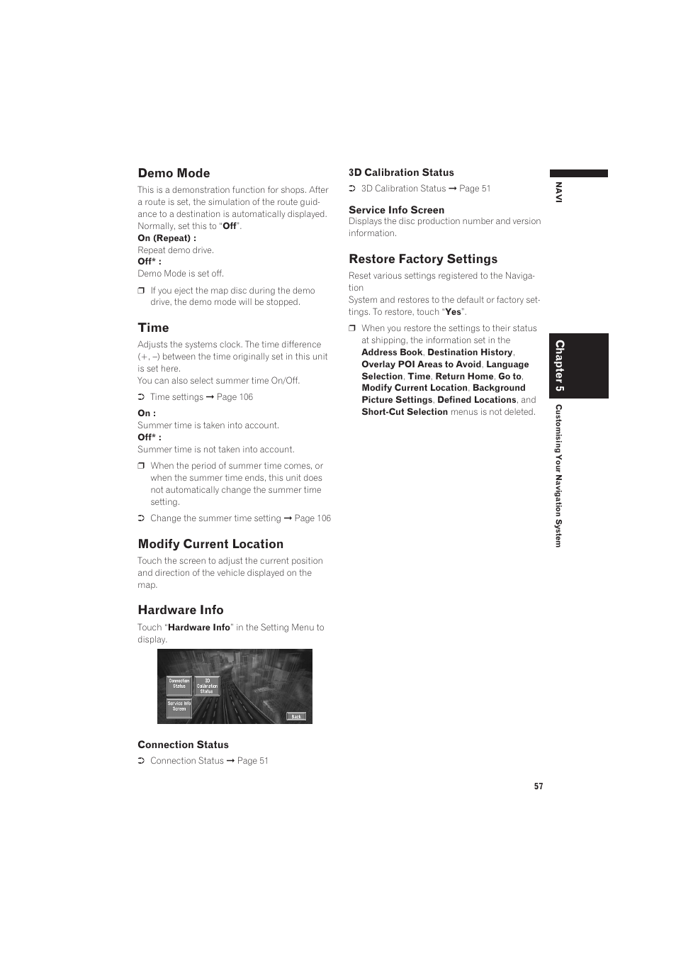 Demo mode, Time, Modify current location | Hardware info, Restore factory settings | Pioneer CNDV-50MT User Manual | Page 59 / 137