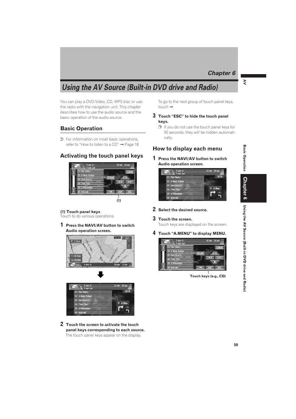 Chapter 6, Using the av source (built-in dvd drive and radio), Basic operation 59 | Activating the touch panel keys, How to display each menu 59 | Pioneer CNDV-50MT User Manual | Page 61 / 137