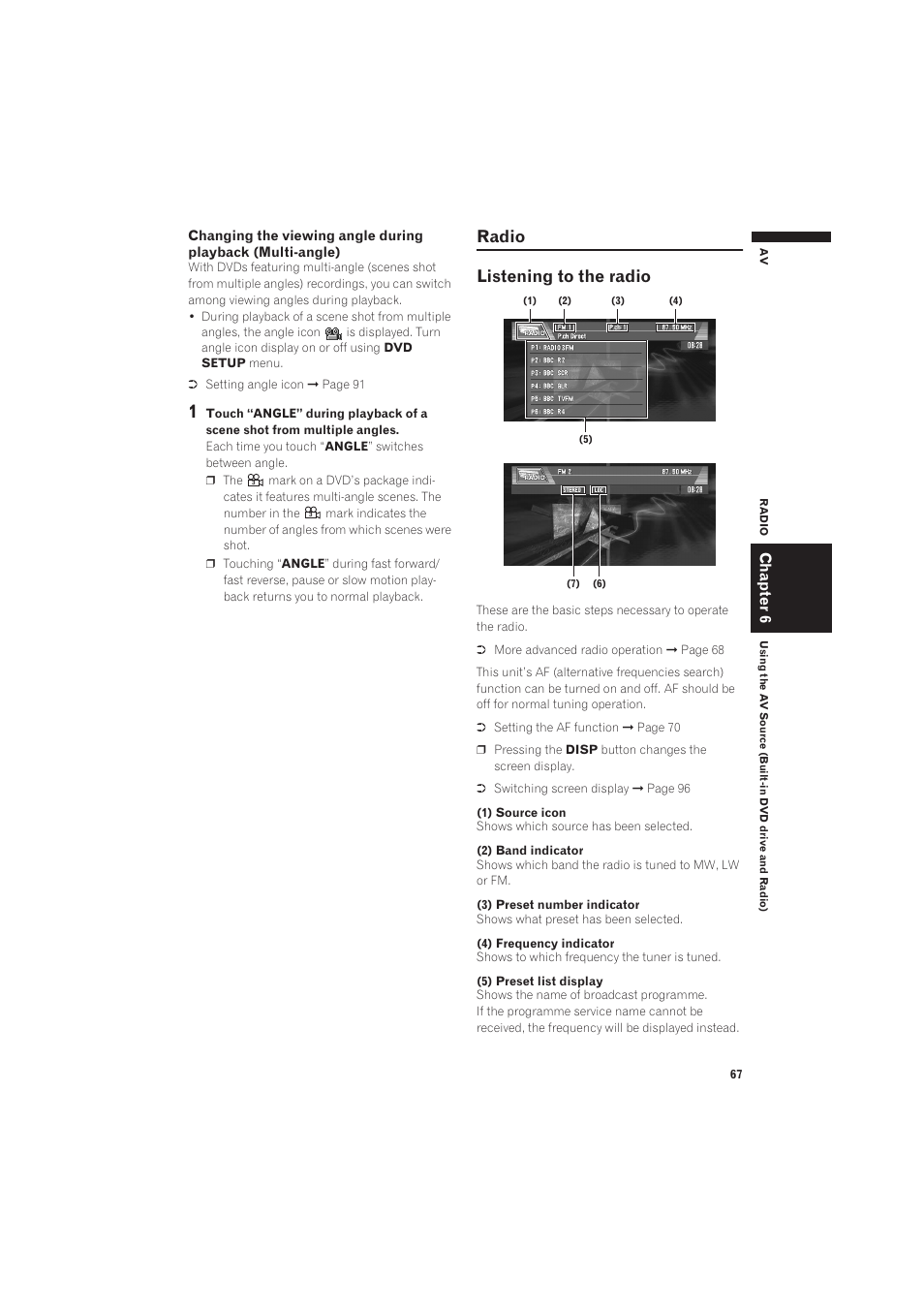 Radio 67, Listening to the radio, Radio listening to the radio | Chapter 6 | Pioneer CNDV-50MT User Manual | Page 69 / 137