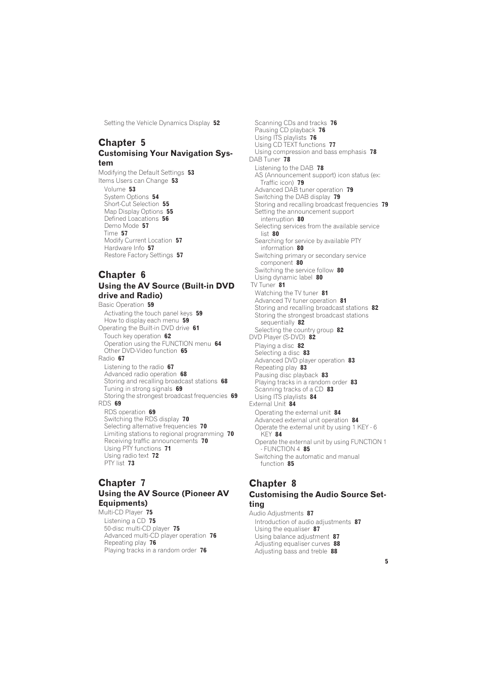 Chapter 5, Chapter 6, Chapter 7 | Chapter 8 | Pioneer CNDV-50MT User Manual | Page 7 / 137