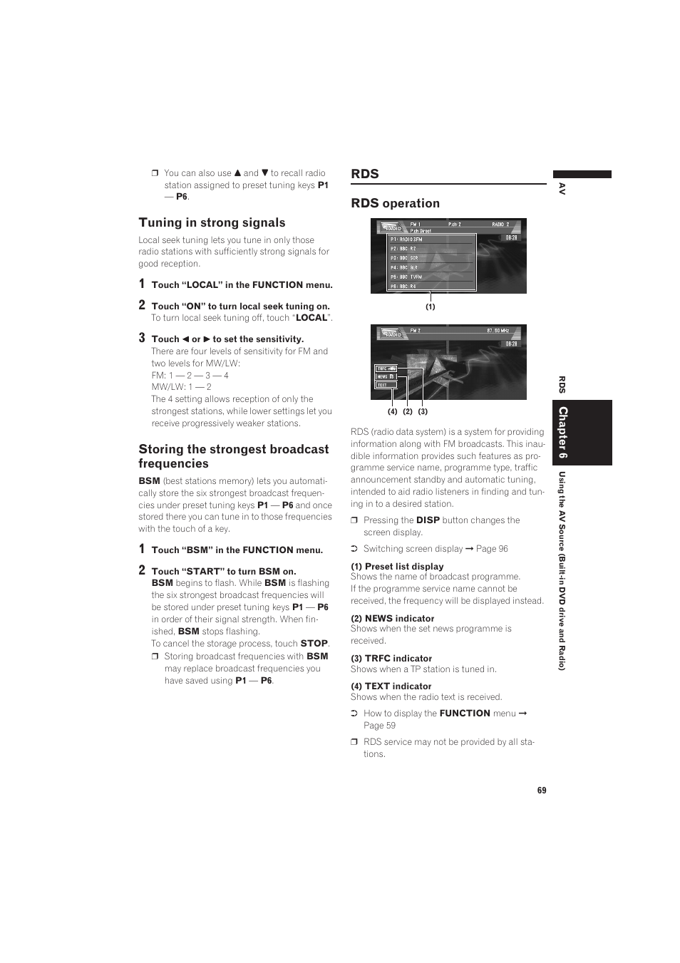 Rds operation 69, Tuning in strong signals, Storing the strongest broadcast frequencies | Rds rds operation | Pioneer CNDV-50MT User Manual | Page 71 / 137