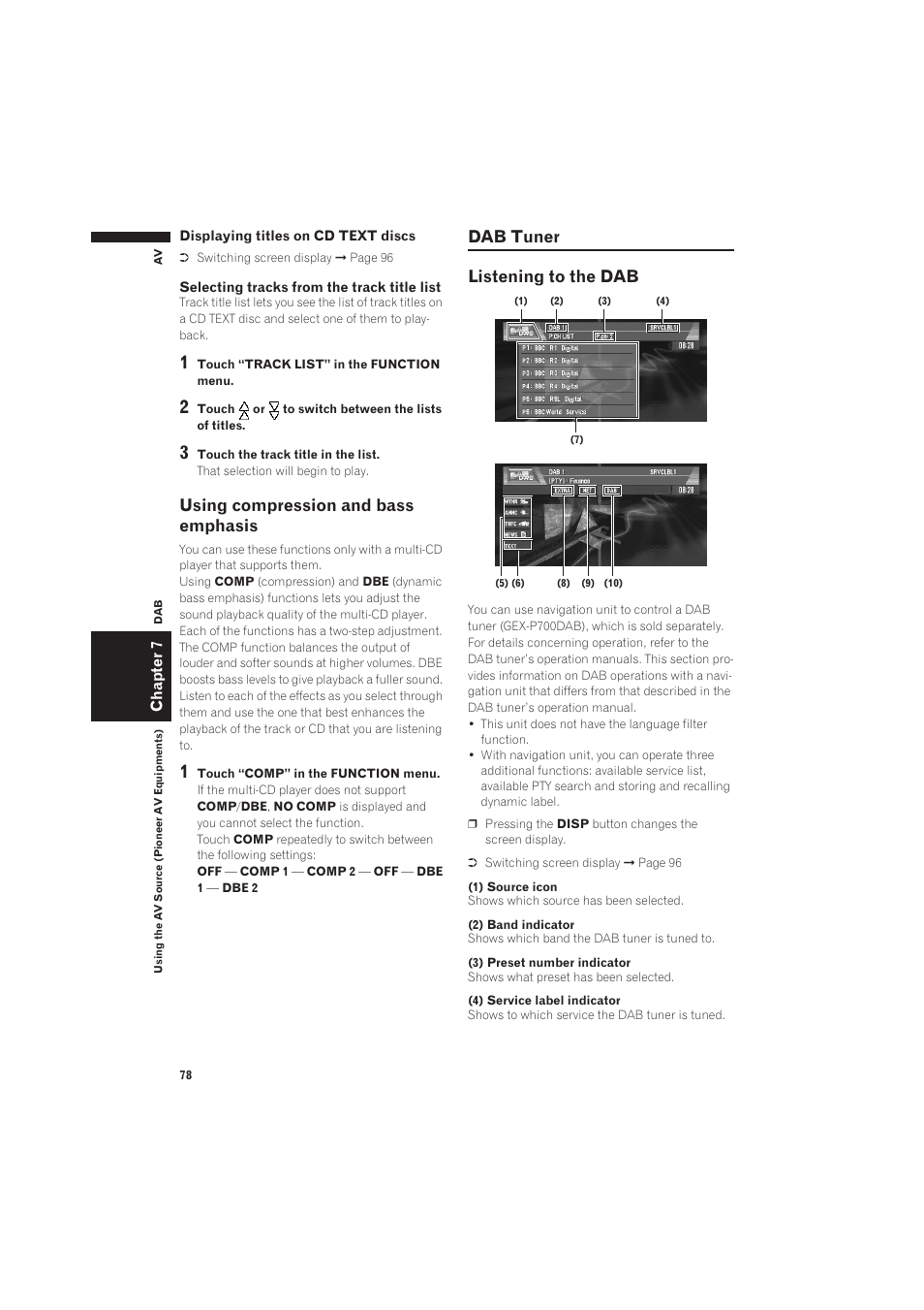 Using compression and bass emphasis 78, Dab tuner 78, Listening to the dab | Using compression and bass emphasis, Dab tuner listening to the dab | Pioneer CNDV-50MT User Manual | Page 80 / 137